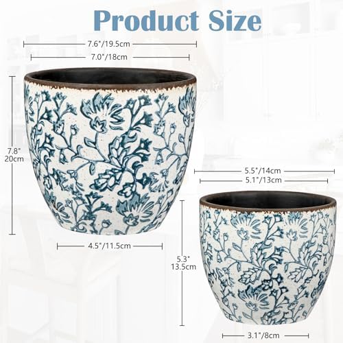 Vintage Flower Pot Blue and White Plant Pot Large Ceramic Planters for Indoor Plants Pots with Drainage Shabby Chic Planter Pots for Succulents Cactus Herb Snake Plants Outdoor Garden, 7.6/5.5 Inch - Image 2