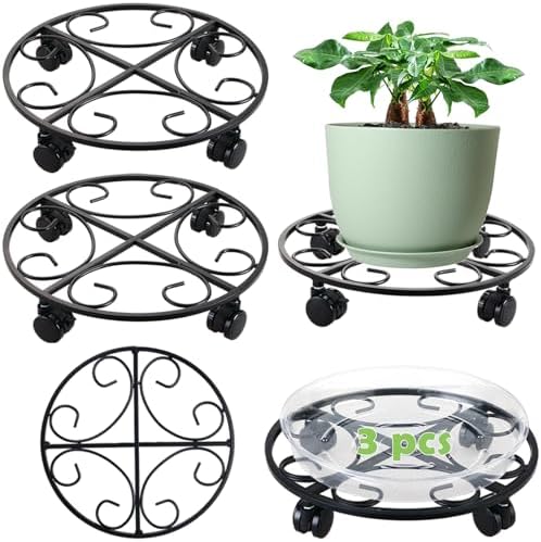 3 Packs 12" Metal Plant Caddy with Wheels Large Rolling Plant Stands Indoor Wheeled Plant Dolly Heavy-duty Pot Mover Roller Base Outdoor Plant Trolley Cart with Casters Water-proof Dust-proof, Black by Unknown