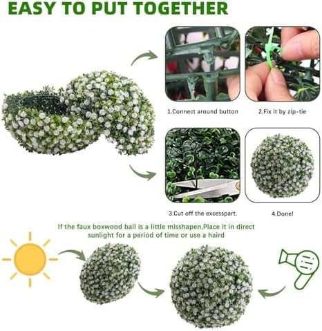 21.6 Inch Artificial Hanging Topiary Balls Set of 2, Faux Flower Balls for Garden Patio Wedding Valentine's Day Decor, Outdoor Indoor Hanging Decorations for Porch Front Door Party, White - Image 3