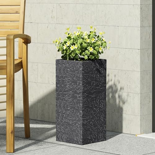 Christopher Knight Home Jorine Lightweight Concrete Planter, Cast Stone Planter, Square Garden Urn, Texture Finish Flower Pot, Outdoor Plant Urn with Draninage Hole for Backyard Garden Porch, Black by ChristopherKnightHome