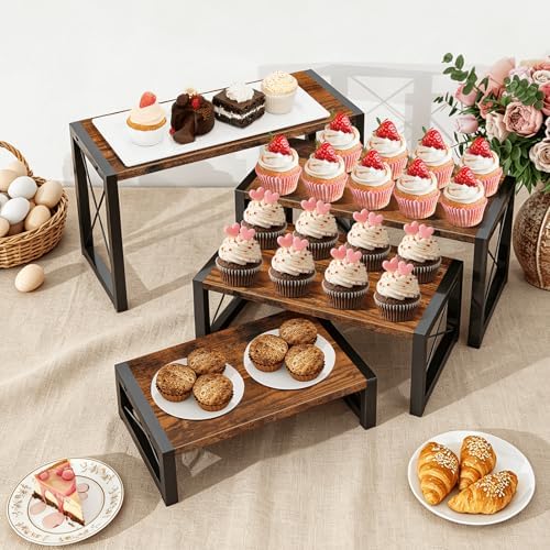 ELITEROO Wood Risers Display Stands Set of 4, Wooden 4 Tier Cupcake Stand, Tiered Riser for Vendors, Decorative Display Risers for Food Desserts Buffet Table at Party Wedding, Rustic Brown - Image 5