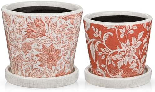 Set of 2 Ceramic Pink Orange Plant Pots with Drainage Hole and Saucers, Vintage Farmhouse Accent Planters for Indoor Plants, Round Flower Pots Rustic Succulent Pot Terracotta Tubs 5.7/4.7 Inch by DILATATA