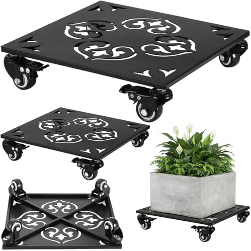 2-Pack 12 Inch Large Square Metal Plant Caddy with Wheels Heavy-duty Rolling Plant Stands with Casters Wheeled Flower Pot Mover Rollers Rust-proof Iron Planter Dolly Coasters Indoor Outdoor Use by PartyZealot