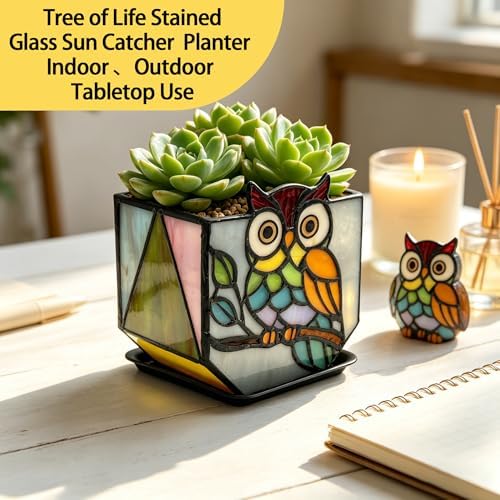 Stained Glass Owl Planter, Indoor Plant Pot with Drainage Hole, Cute Plant Pots,Owl Gifts for Women - Image 5