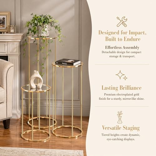 3PCS Round Cylinder Pedestal Stands Set, Gold Metal Display Columns with Removable Acrylic Tops, Sturdy Iron Nesting Risers for Wedding Party Dessert Table, Floral Vases and Event Decor (23.6", 31.5", 39.3" Heights) - Image 4