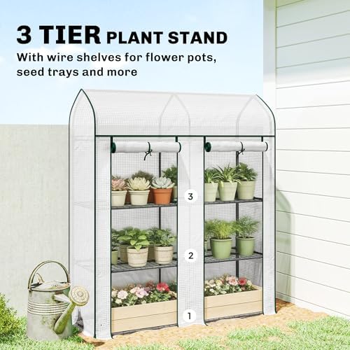 Mini Greenhouse, White 3-Tier Portable Greenhouse and Small Plant House with 2 Roll-Up Doors, 56.3 x 18.1 x 65 in Greenhouse Cabinet for Patio Balcony Garden - Image 6