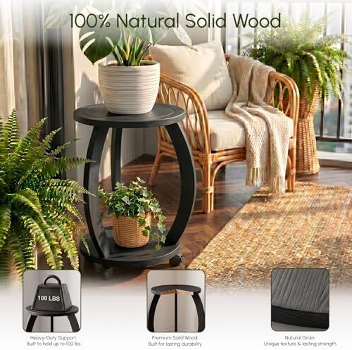2 Tier Wooden Plant Stand Indoor with Wheels – Tall Plant Stand for 6-12 Inch Pots, Mid-Century Modern Rustic Plant Table Indoor, Pedestal Stand for Corner, Living Room, Balcony, Black - Image 4