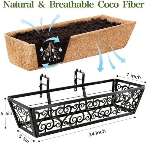 6 Pack 24 Inch Deck Railing Planter Box - Window Boxes Planters with Adjustable Brackets Coco Liners Balcony Planters Railing Hanging for Window Flower Boxes Outdoor Garden Decor - Image 2