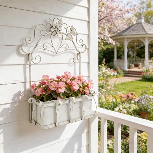 Rustic Metal Wall Planter Vintage Wall Mounted Flower Pot Farmhouse Distressed Wall Hanging Plant Basket with Floral & Butterfly Decor for Indoor Outdoor Garden Home Yard (White#2) - Image 5