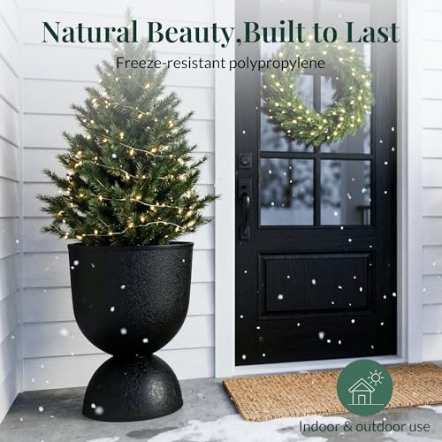 KOL Planters Flower Pots, Large Plastic Urn Planters for Indoor Outdoor Plants, Black Pedestal Planter 2 Pack, 18 Inch+23 Inch, Tall Decorative Planters with Drainage Holes & Plugs for Porch Garden - Image 4