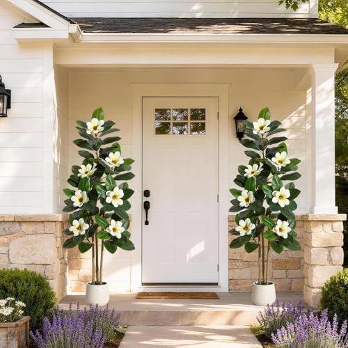5FT Artificial Fiddle Leaf Fig & Magnolia Tree with White Blooms, White - Image 4