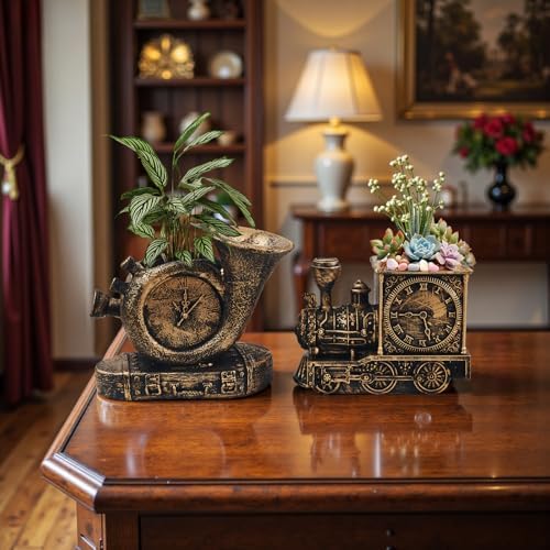 Retro-Style Succulent Pots with Drainage, Indoor/Outdoor Planter, Nostalgic Cactus/Bonsai Garden Pots for Home Decoration and Office Desk Decoration, Vintage Artwork (2 piece set) (bronze-colored) - Image 2