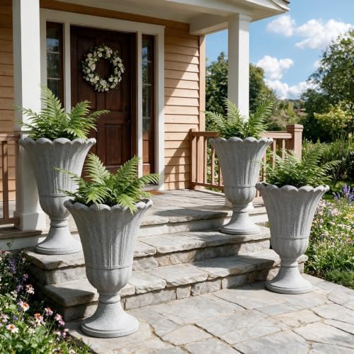 Tall Plastic Urn Planters and Pedestal - 24" Outdoor Planter Grey - Image 2