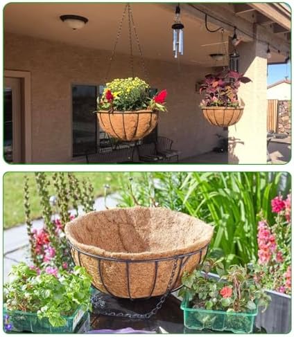 LCHUANG Hanging Baskets Planter for Plants - 2 Pack 14 Inch Metal Baskets with Coco Coir Liner, Hanging Flower Pots for Outside with Chain, Indoor Outdoor Garden Porch Decoration (14'' Pack of 2) - Image 5