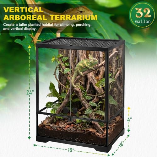 18"x18"x24" Reptile Terrarium, Aluminum-Frame Glass Vivarium for Small Arboreal Reptiles Such as Small Chameleons, with Lock, Cable Port, Waterproof Deep Base - Image 2