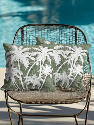 Outdoor Throw Pillow Set of 2, Tropical Palm Tree Waterproof Pillow with Insert Included, Vintage Moss Green Exotic Botanical Plants Decorative Accent Cushion Sofa Pillows for Patio Porch, 18 x 18 In - Image 5