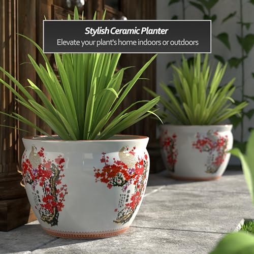 Red Lantern Large 18" Porcelain Fishbowl Cherry Blossom Planter - Image 2