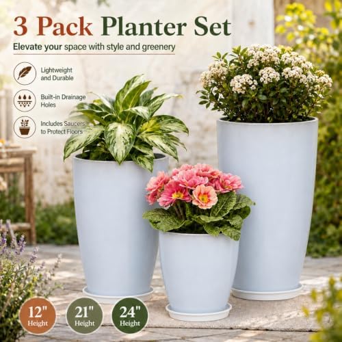 Neoaider Set of 3 Tall Planter, 24/21/12in Large Plastic Planter, WhiteJade - Image 2