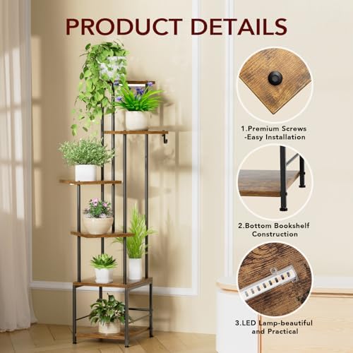 Homsorout Plant Stand Indoor with Grow Light - 6-Tier Metal Plant Shelf with Hanging Basket Hook, Corner Tall Flower Holder for Multiple Plants, Living Room Balcony Garden Patio, Rustic Brown - Image 4