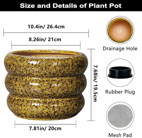 SQOWL Ceramic Flower Pots - 10 Inch Plant Pot Indoor with Drainage Hole, Round Bubble Planter for Outdoor Plants, Decorative Ceramic Plant Pot, Porch Home House Decor, House Warming Gifts, Yellow - Image 3