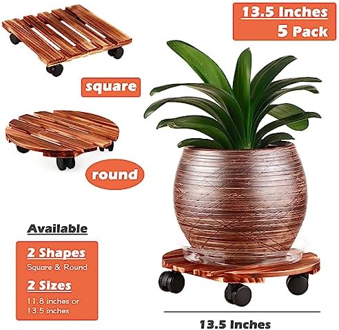 5 Pack Plant Caddy with Wheels Heavy Duty 13.5 Inch Wooden Plant Stand on Wheels Plant Dolly Rolling Plant Stand Plant Roller with Casters for Indoor and Outdoor with 5 Pack Plant Saucers, Round - Image 5