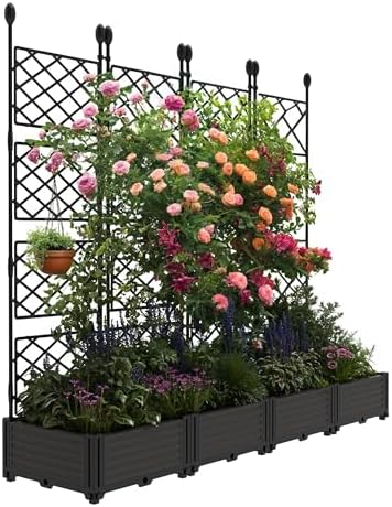 4 PCS Raised Garden Bed with Trellis & Privacy Screen, 66" w x 63" Tall Vertical Garden Planter Box for Climbing Plants - Sturdy Lightweight Outdoor Planter for Vegetables, Flowers on Patio, Balcony by Unknown