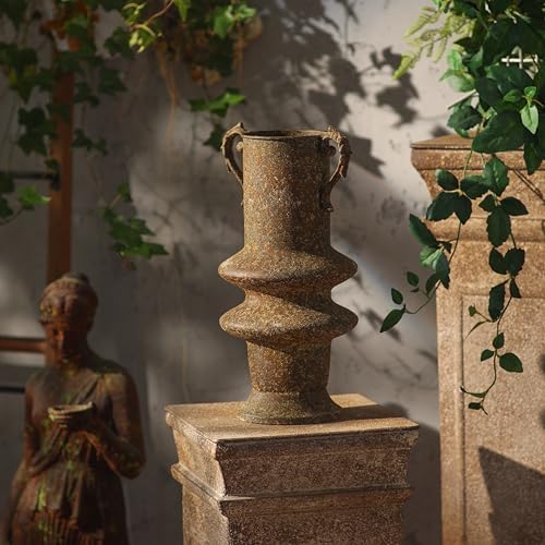 Vintage Distressed Rust Iron Planter, 15 Inch Tall Decorative Flower Pot with Ornate Scroll Handles, Unique Stacked Antique Vase for Indoor Outdoor Farmhouse Patio Entryway Mantel Decor(A3256) by Unknown