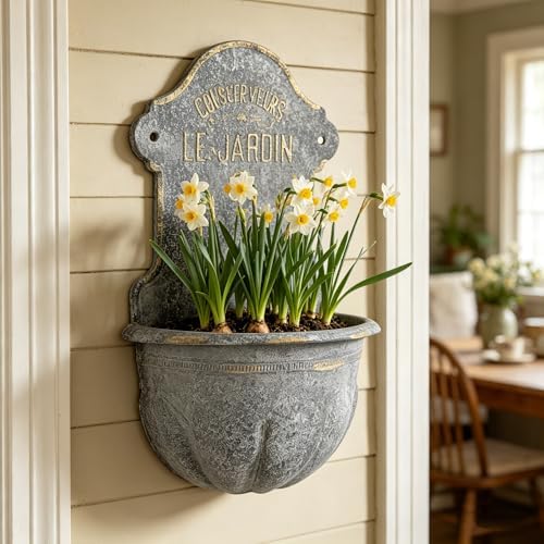 Large French Country Wall Planter, 27.95" H x 18.11" W Vintage Metal Le Jardin Wall Mounted Flower Pot, Rustic Farmhouse Vertical Garden Planter for Indoor Outdoor Patio, Living Room, Balcony Decor - Image 5
