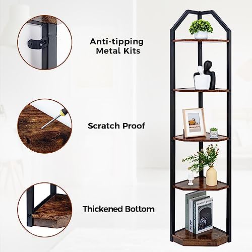 Fun Memories 5 Tier Corner Shelf, 70” Corner Shelf Stand, Corner Bookshelf Plant Stand, Storage Shelf for Bathroom, Living Room, Kitchen,Home Office, Brown - Image 3