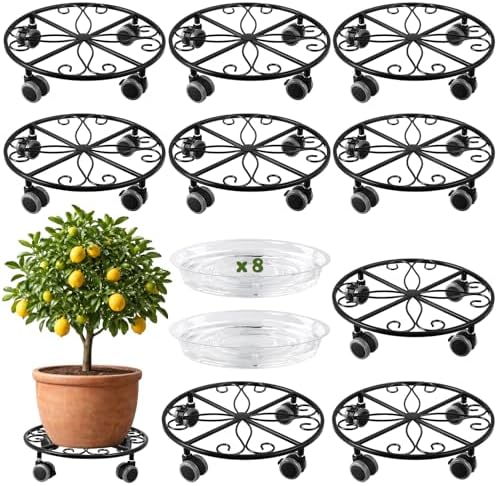 Planterhoma 8 Pack Plant Caddy with Wheels & Saucers, 11.8" Heavy Duty Metal Rolling Plant Stand, Plant Dolly with Lockable Casters, Rustproof Iron Planter Mover for Indoor Outdoor, Black by Planterhoma