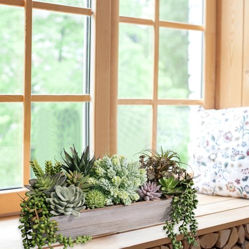Winlyn 15" Artificial Succulents Plants Arrangement Fake Succulent Plants in Whitewashed Rectangular Wooden Planter Box Faux Potted Plant Decor for Home Windowsill Shelf Farmhouse Table Centerpiece - Image 4