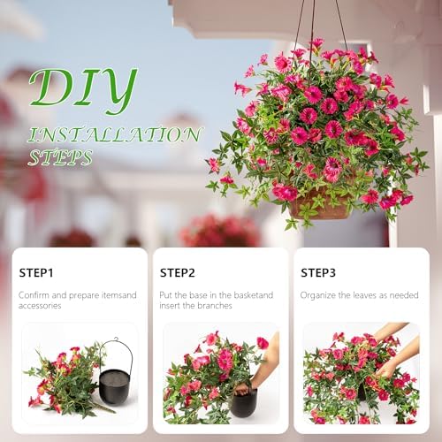 Artificial Flowers Artificial Petunias for Outdoors Artificial Hanging Plants Outdoor Silk Flowers with Stems Outdoor Flowers Uv Resistant for Porch Decor Terrace Decor，Rose Red with Pot 2PCS - Image 3