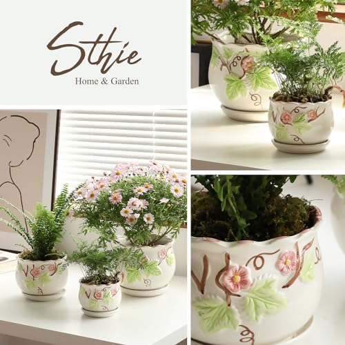 Ceramic Plant Pots with Drainage Holes and Saucers, Small Planters Set of 3 - Image 3
