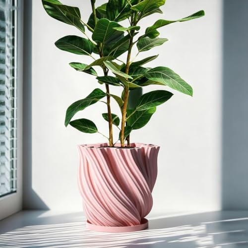 Planter with Drainage Holes, Candy Pink Fractal Design ABS Flower Pot with Saucer for Indoor Outdoor Use, Small and Large Plants, Home Decor by Unknown