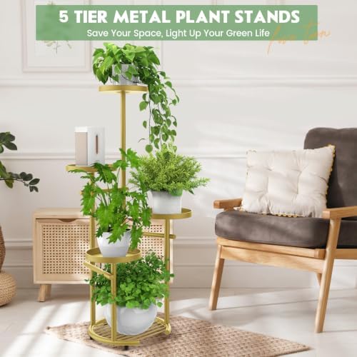 TOSKING Tall 5-Tier Round Metal Corner Plant Stand Indoor, Anti-Tip, Gold - Image 2