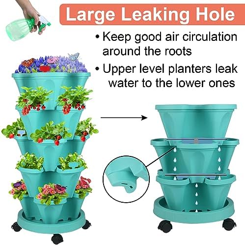 DUNCHATY Stackable Planter, Teal, 6 Tier Garden Tower, Self Watering, Indoor/Outdoor, with Garen Tool Set - Image 6