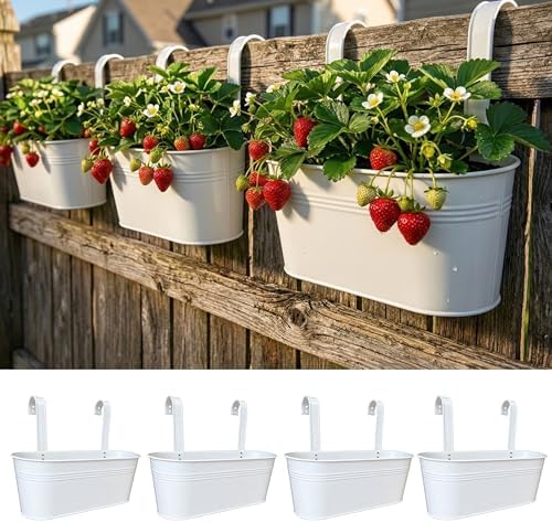 LaLaGreen Large Rail Planter (17 in, 4 Pack) White Metal Balcony Fence Pots by L%C3%A1L%C3%A1Green