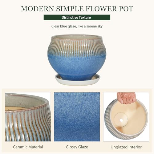 8.3 Inch Modern Ceramic Plant Pot with Drainage Hole and Mesh Net, Indoor Outdoor Planter with Saucer & Gardening Glove, Pots for Succulents, Flowers, Large Plants, Blue - Image 3