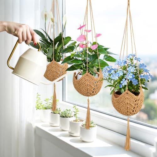 VZZNN 6 Pack Hand-Woven Macrame Plant Hanger - Hanging Plant Holder with 12 Hooks for Indoor Green Plant Hanging and Bohemian Style Home Decor (Brown) - Image 4