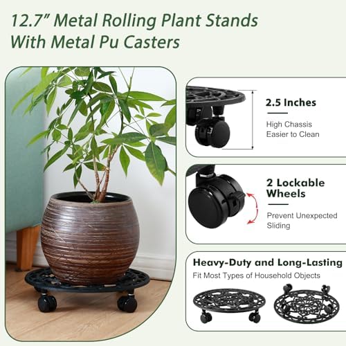 2 Packs Rolling Plant Stand with Wheels 13 In Metal Plant Caddy with Wheels - Image 2