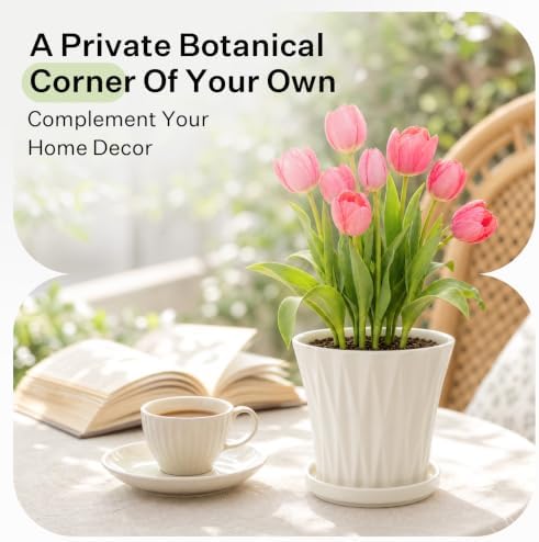 8.3 Inch Ceramic Planters with Drainage Hole and Saucer,Indoor Outdoor Large Flower Pots, Garden Pot for Plant Lovers (White) - Image 2