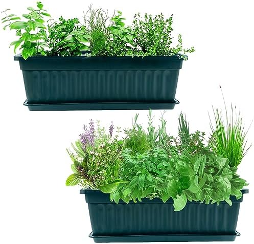 JOIKIT 6 Packs 17 x 7.5 x 5.5 Inch Plastic Window Planter Boxes with Trays, Plastic Vegetable Planter with 30 Plant Label, Countryside Flower Box Pot for Garden Windowsill Patio Balcony, Dark Green - Image 7
