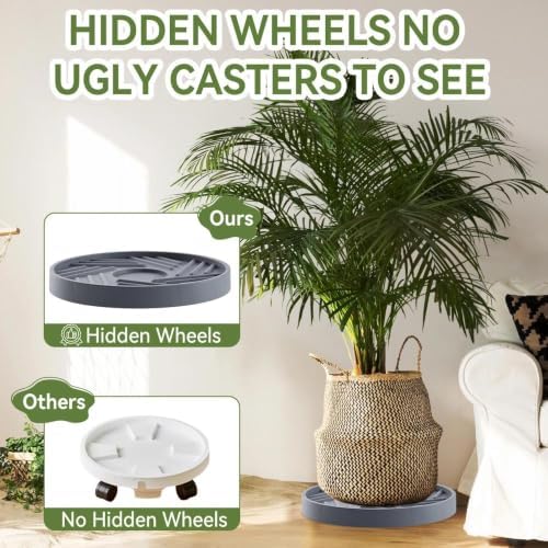 2 Pcs Plant Caddy with Hidden Wheels 12.4 Inch Heavy Duty Rolling Plant Stand, Indoor Outdoor Plant Saucer Tray with $9.9 Garden Tools (Gray) - Image 6