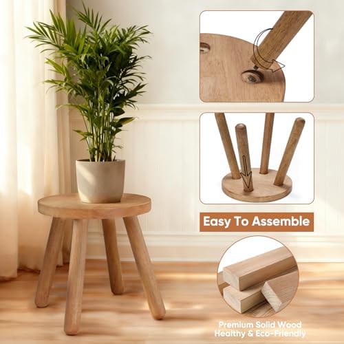 11.8" H Round Solid Wooden Stool Wood Plant Stand Woden Decorative Stool Garden Stool Portable Stand for Kitchen Bathroom Living Room Bedroom - Image 3