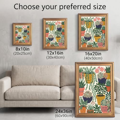 Framed Canvas Wall Art Bohemian Gouache Succulents in Pots Mustard Navy and Coral Canvas Print Poster Gold Frame Wall Decor for Living Room Office Botanical Art, Boho Decor - Inch 12x16 - Image 3