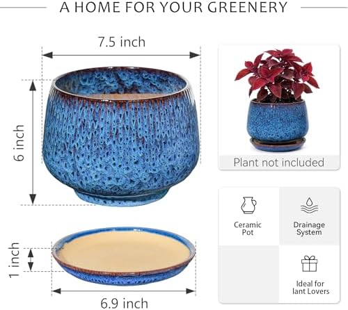 7.5 Inch Ceramic Planter with Saucer,Modern Garden Pots with Drainage Hole Mesh Net, for Indoor Outdoor Use (Speckle Blue) - Image 6