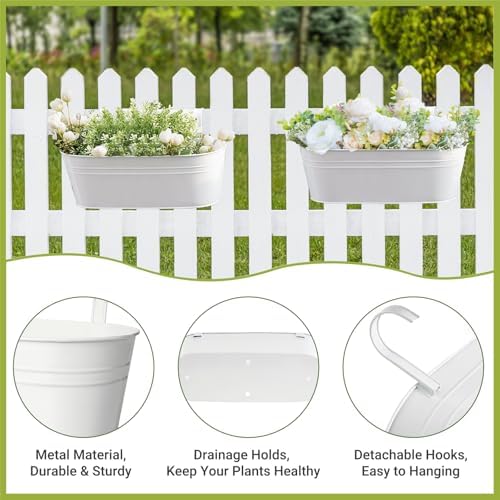 Dahey 15 Inches Railing Planter Box 3 Pcs Metal Hanging Flower Pots, White - Image 3