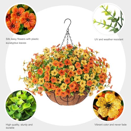 HyeFlora Artificial Fake Hanging Mums Plants Flowers Basket for Fall Autumn Outdoor Decor, Faux Silk Orange Dasiy Flower Look Real UV Resistant for Outside Porch Home Patio Garden Decoration - Image 7
