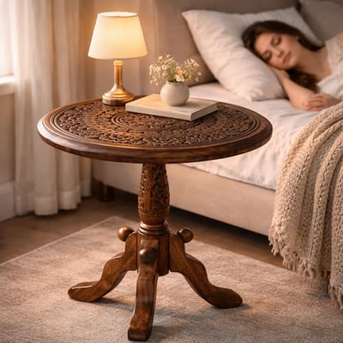 Handcrafted Carved Round Side Table – 18x21 Inch Coffee Table for Living Room | Solid Wood Accent End Table with Pedestal Base | Altar Table for Home Décor - Image 5