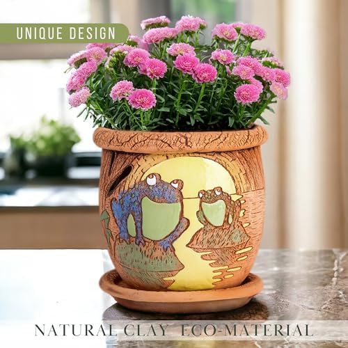 STP GOODS Ceramic Pot with Drainage Hole and Saucer, Plant Pots, Modern Decorative Planters for House Plants Indoor Flowers Plants, Cute Flower Pot - Gifts (Frogs in Moonlight (0.7 L)) - Image 6